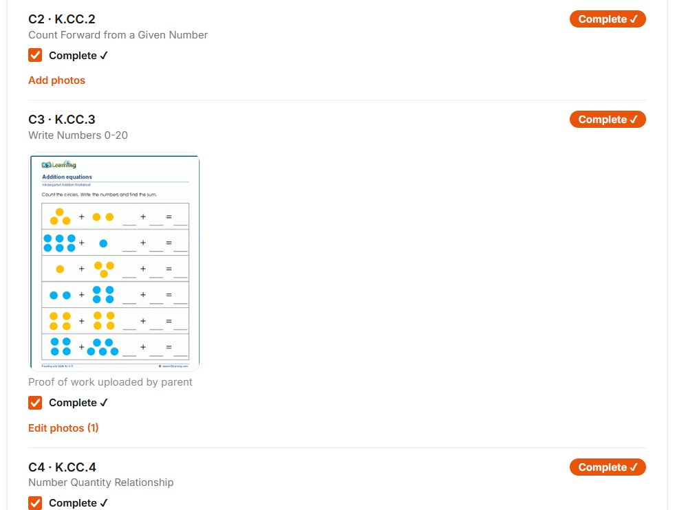 PromptReady progress dashboard showing completed Kindergarten math competencies with photo proof of work.