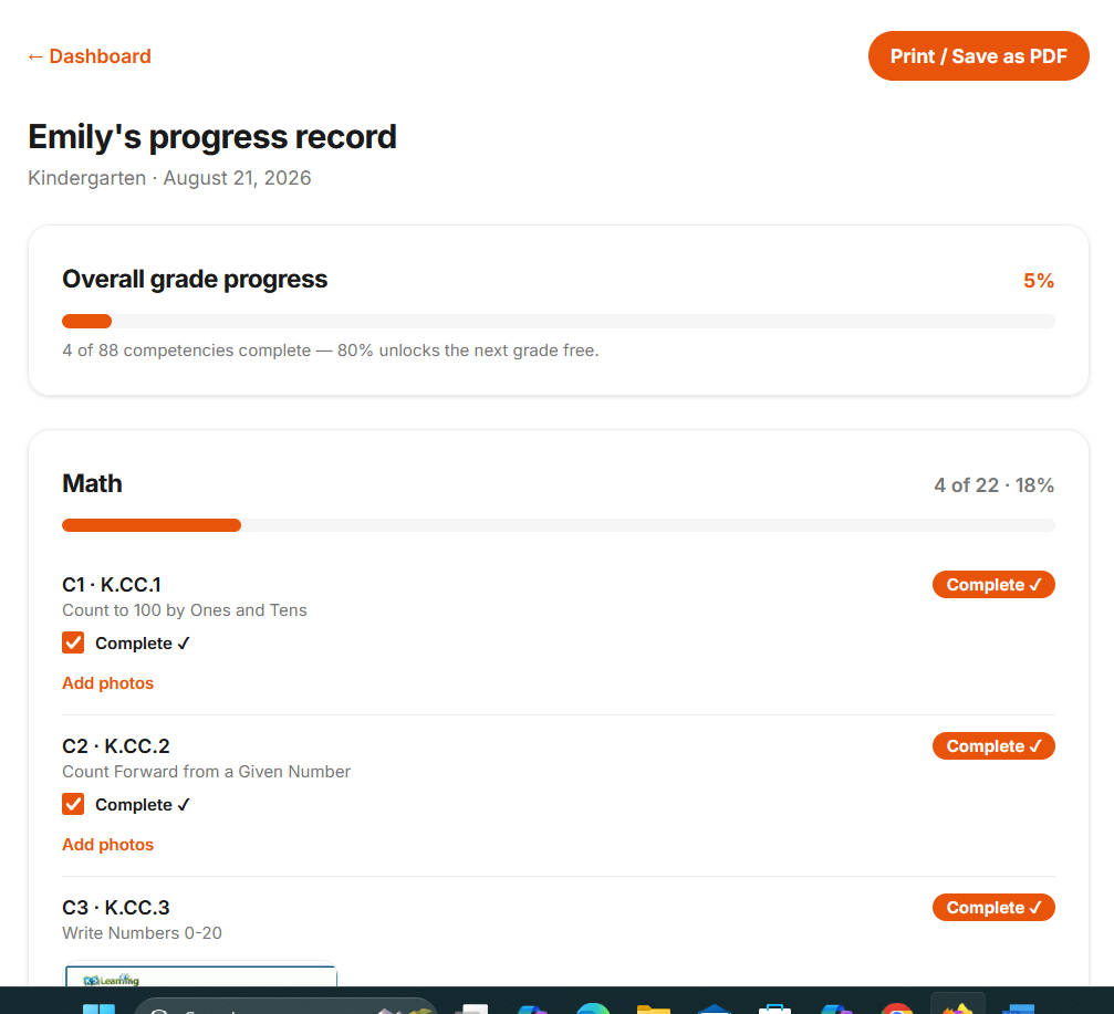 PromptReady progress dashboard showing completed Kindergarten math competencies with photo proof of work.